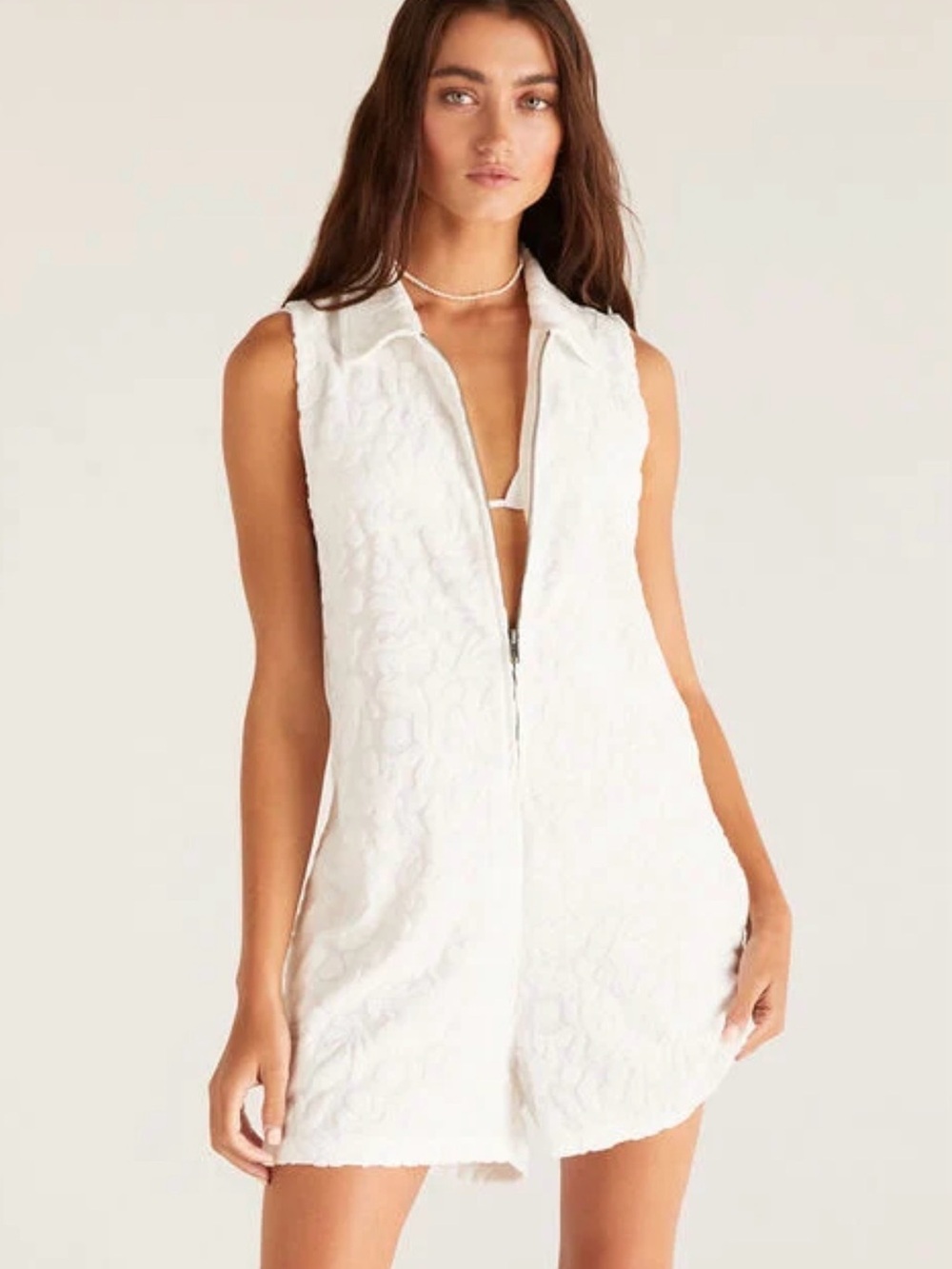 Z Supply Resort Cabo White Textured Terry Zip-Front Swim Coverup Romper